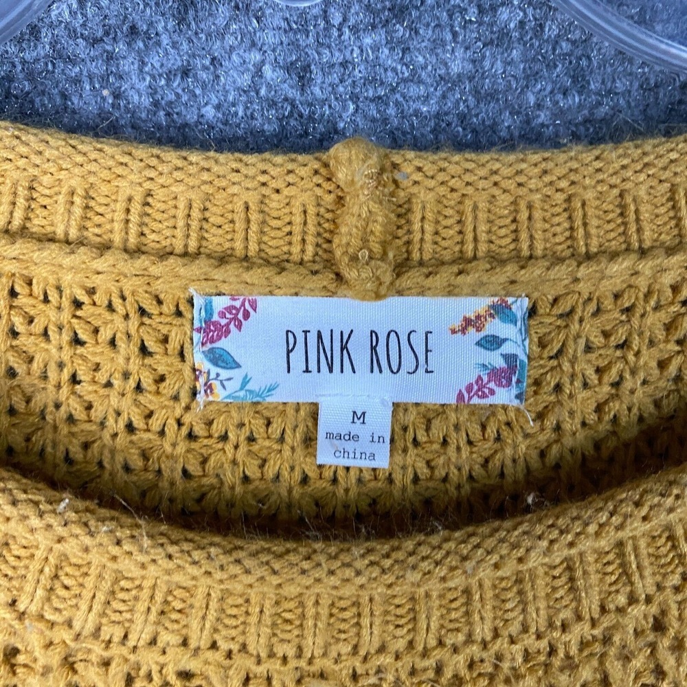 Pink Rose Sweater Women's Medium Pullover Yellow Knit 100% Acrylic Adults M - Picture 3 of 8